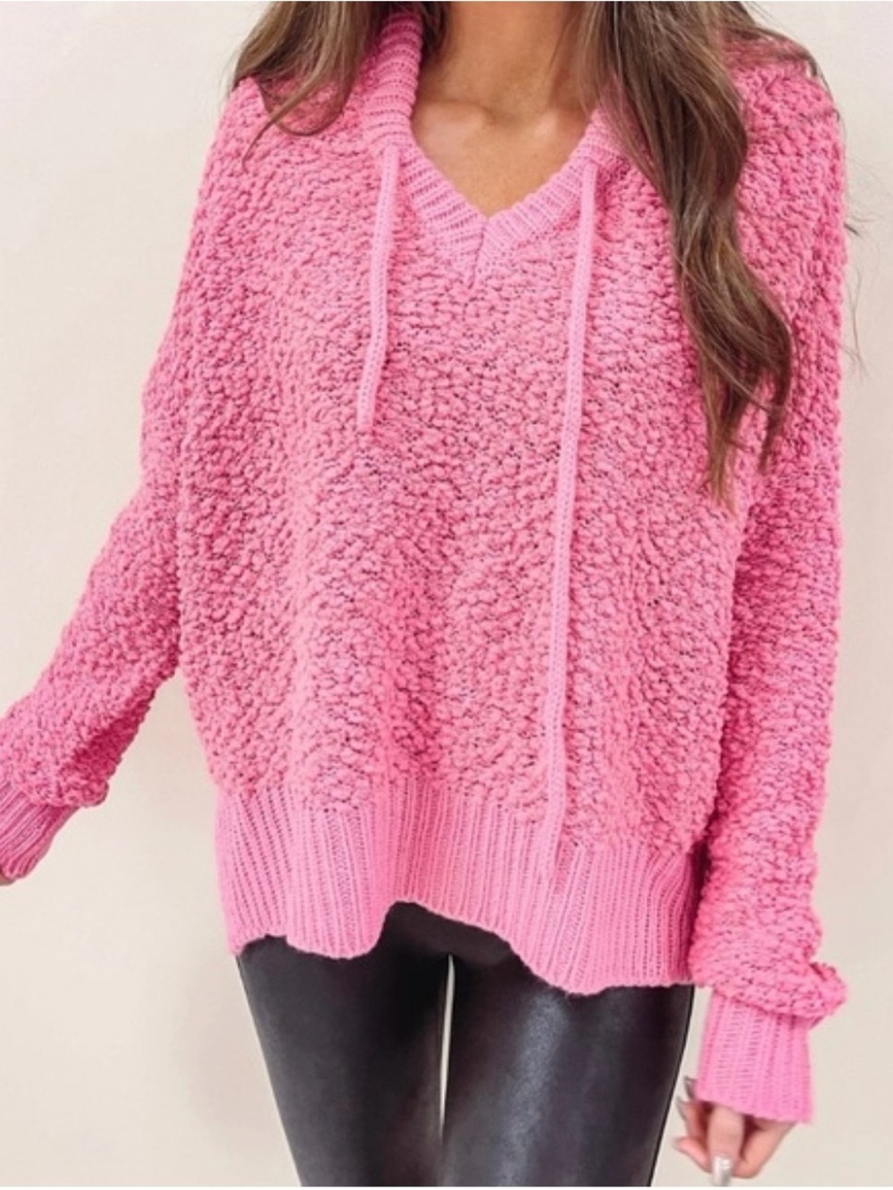 Cozy Popcorn Knit V-Neck Hoodie Sweater - Pink